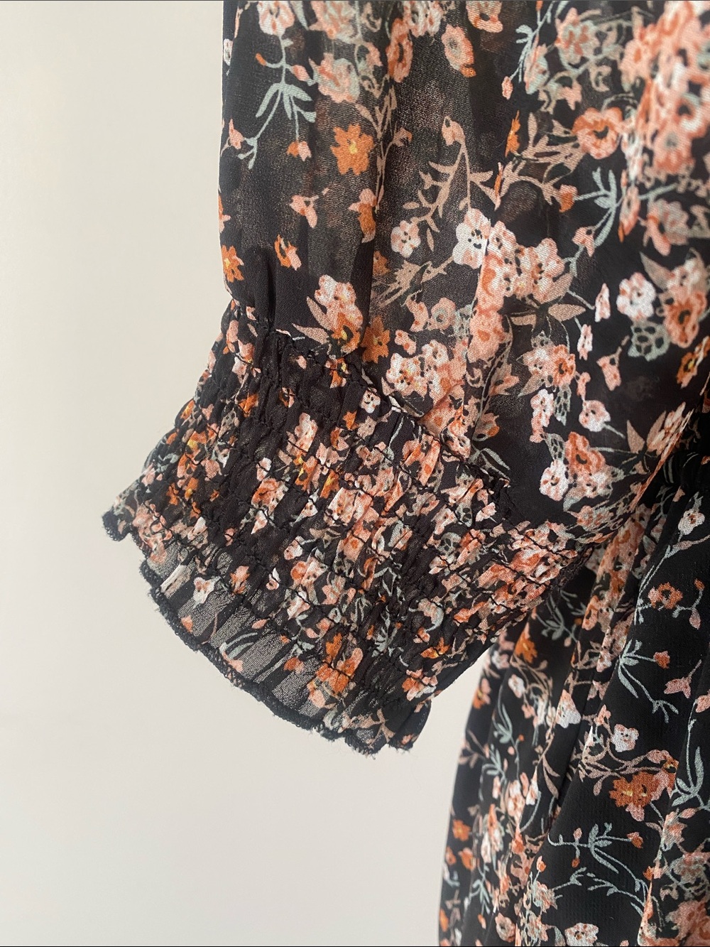 Mikarose Black Babydoll Maxi Dress Peach Floral Print Sz M Smocking Sheer Sleeve - Picture 8 of 13